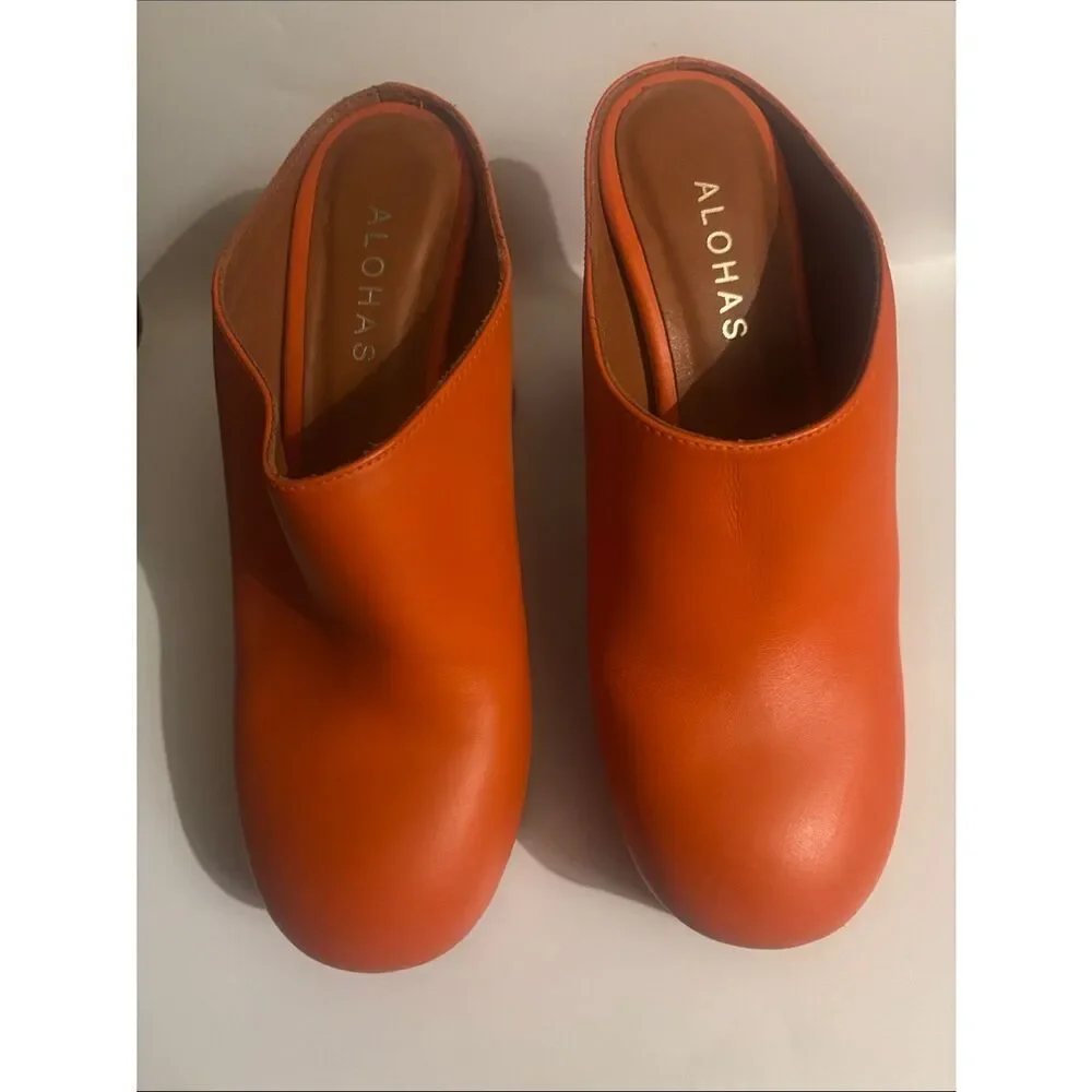 Alohas Clock Out Leather Pomelo Orange Mules Heeled Sandals Size 36/6